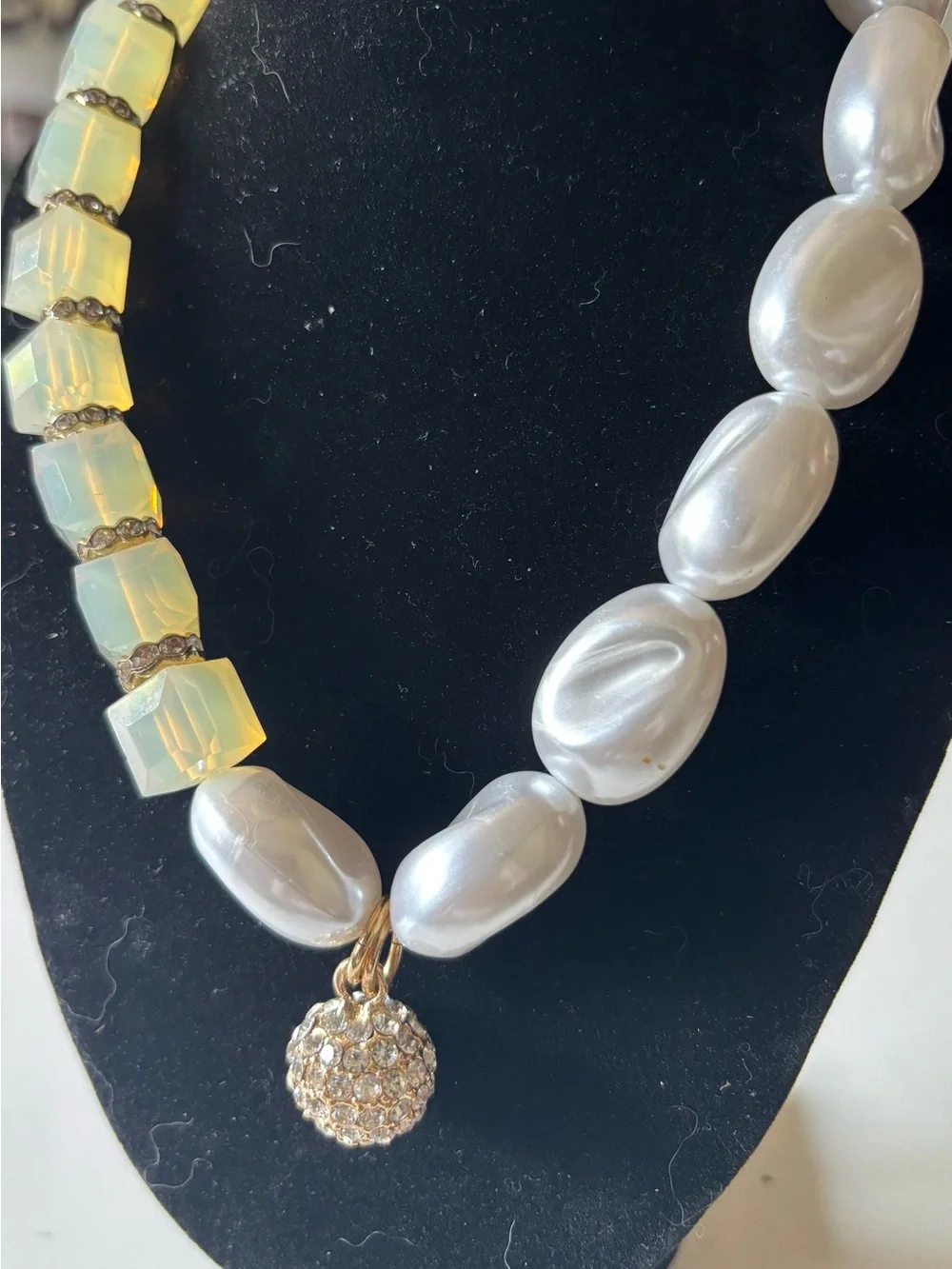 Chico’s Asymmetrical Faux Pearl Opalescent Cube Rhinestone Ball Necklace
